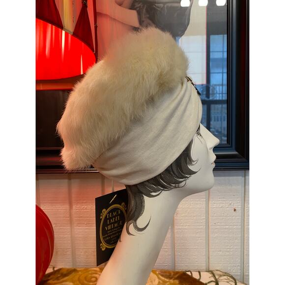 vintage 1940s cream turban rabbit fur hat jeweled 40s fashion avant garde diva main image 9